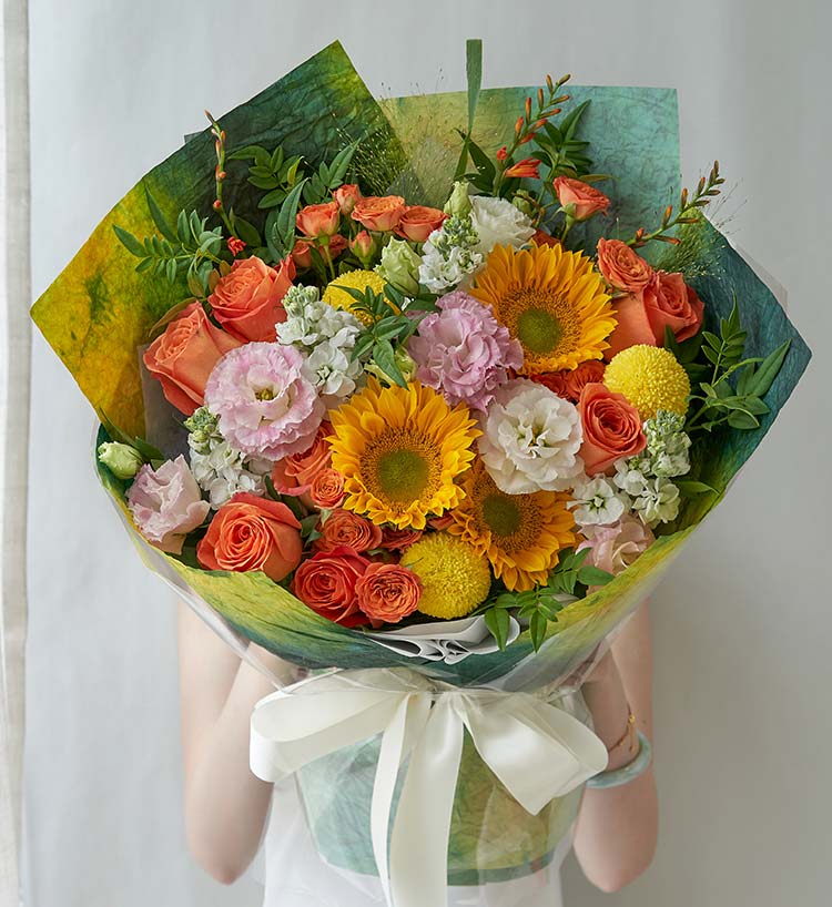 [狮子座星座花] 绿心向日葵3枝，国王日橙色玫瑰7枝